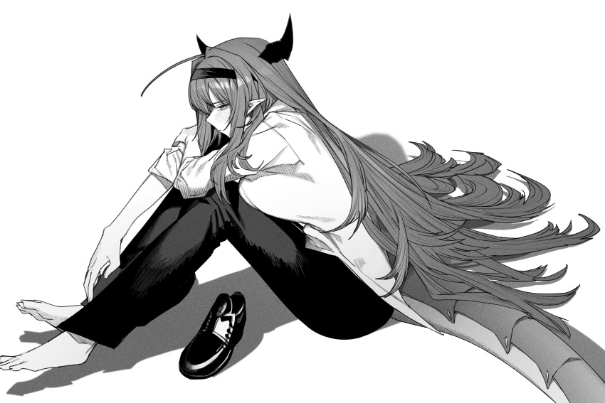 1girl absurdres ahoge barefoot blush breasts closed_mouth dragon_horns dragon_tail full_body greyscale hair_between_eyes hairband highres hololive horns kiryu_coco large_breasts long_hair monochrome pants pointy_ears shadow shirt shoes simple_background sitting sleeves_rolled_up solo tail unworn_shoes very_long_hair white_background xiaoju_xiaojie