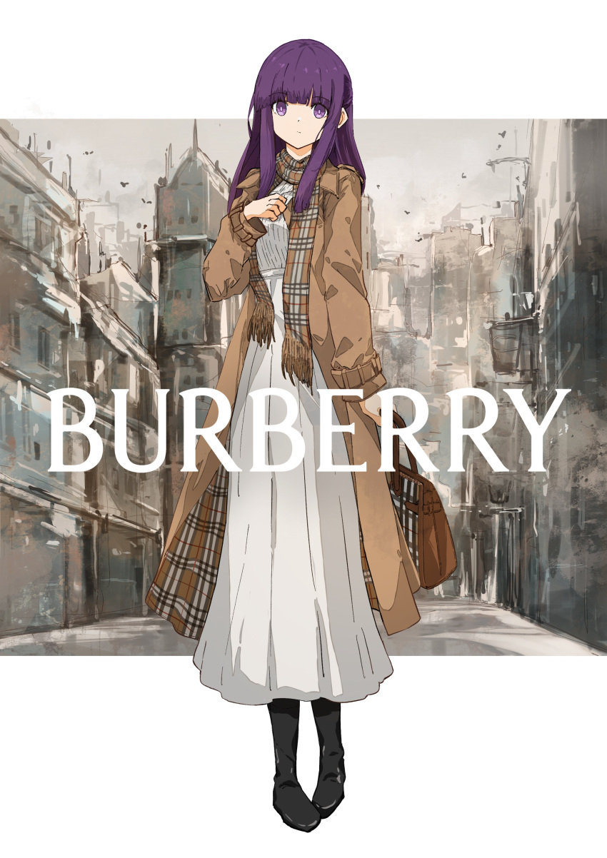 1girl absurdres bag black_footwear blunt_bangs boots brown_bag brown_coat brown_scarf burberry_(brand) coat commentary_request contemporary dress expressionless fern_(sousou_no_frieren) full_body hand_up handbag highres letterboxed long_hair long_sleeves looking_at_viewer outdoors plaid plaid_scarf product_placement purple_hair scarf solo sousou_no_frieren t.k.c two-sided_coat two-sided_fabric violet_eyes white_dress