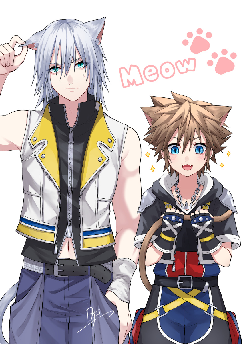 2boys absurdres animal_ears arm_up belt black_belt black_jacket black_vest blue_eyes blue_pants blush brown_hair cat_boy cat_day cat_ears cat_tail chain_necklace clenched_hands commentary cropped_jacket english_text fangs grabbing_own_tail grey_hair hand_in_pocket hand_on_own_ear hands_up happy high_collar highres hood hooded_jacket jacket jewelry kagachi_118 kingdom_hearts kingdom_hearts_ii male_focus medium_hair multiple_boys navel necklace open_clothes open_jacket open_mouth pants paw_print pinching riku_(kingdom_hearts) short_hair signature simple_background sleeveless slit_pupils smile sora_(kingdom_hearts) sparkle spiky_hair studded_belt sweatdrop tail tail_grab upper_body vest white_background white_vest white_wristband wristband zipper
