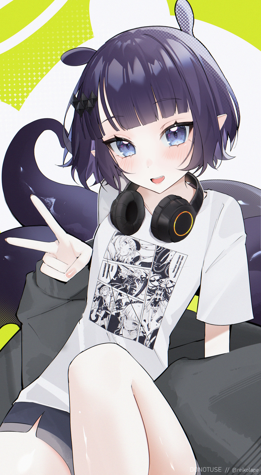1girl :d absurdres blue_eyes blunt_bangs blush chromatic_aberration eyelashes film_grain fingernails hair_ornament headphones headphones_around_neck highres hololive hololive_english looking_at_viewer ninomae_ina'nis open_mouth pointy_ears purple_hair reiko_lape shirt short_hair smile solo teeth tentacles twitter_username upper_teeth_only v virtual_youtuber white_shirt