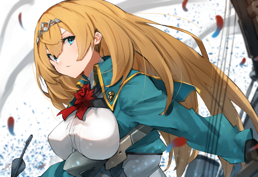 1girl blonde_hair blue_eyes bow_(weapon) breasts compound_bow flower hair_between_eyes highres kantai_collection large_breasts long_hair long_sleeves looking_at_viewer parted_lips red_flower red_rose rigging rose signature simple_background solo sunday_aki tiara upper_body very_long_hair victorious_(kancolle) weapon