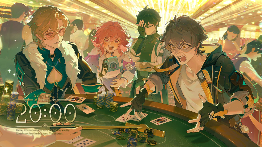 2girls 6+boys ahoge ameriya aventurine_(honkai:_star_rail) black_choker black_gloves caelus_(honkai:_star_rail) camera card casino casino_card_table ceiling_light choker closed_eyes collared_shirt dan_heng_(honkai:_star_rail) earrings english_commentary english_text fur_trim gloves green_shirt grey_hair grin hand_on_own_face highres holding holding_camera honkai:_star_rail honkai_(series) jewelry laughing long_sleeves march_7th_(honkai:_star_rail) medium_hair multicolored_eyes multiple_boys multiple_girls open_mouth outstretched_arms outstretched_hand parted_lips pink-tinted_eyewear pink_eyes pink_hair playing_card pocket_watch poker_chip poker_table shirt single_earring smile surprised sweat sweatdrop table tinted_eyewear trailblazer_(honkai:_star_rail) upper_body watch white_shirt yellow_eyes