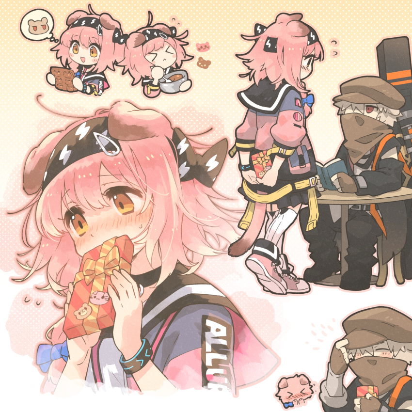 &gt;_&lt; 1boy 1girl animal_ears arknights arm_cutout arms_behind_back black_hairband black_jacket black_sailor_collar blue_bow book bow braid brown_gloves brown_headwear brown_scarf cat_ears cat_girl chair chibi chibi_inset chocolate chocolate_making closed_mouth commentary_request covering_own_mouth embarrassed fingerless_gloves full_body gift giving gloves goldenglow_(arknights) gradient_background grey_hair hair_bow hairband happy heart highres holding holding_book holding_spoon infection_monitor_(arknights) jacket lightning_bolt_print morini_ochiteru pink_hair pink_jacket reading red_(npc)_(arknights) red_eyes sailor_collar scarf scarf_over_mouth shirt short_hair side_braid sitting spoon table thought_bubble upper_body valentine white_background white_shirt yellow_background yellow_eyes