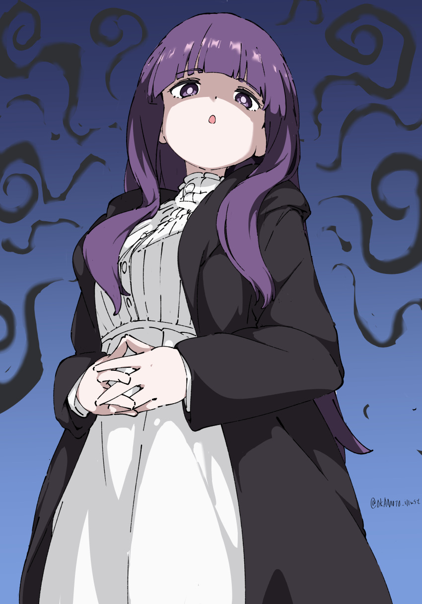 1girl absurdres angry black_coat blue_background blunt_bangs buttons coat collar commentary cowboy_shot dress fern_(sousou_no_frieren) frilled_collar frills highres interlocked_fingers long_coat long_dress long_hair long_sleeves looking_at_viewer open_mouth own_hands_together purple_hair shaded_face sidelocks simple_background solo sousou_no_frieren standing straight_hair twitter_username violet_eyes white_dress white_gorilla_(okamoto)