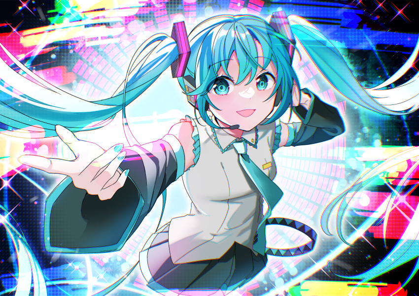 1girl absurdres blue_eyes blue_hair collared_shirt detached_sleeves hair_ornament hand_on_headphones hatsune_miku headphones headset highres long_hair long_sleeves maruiusausagi nail_polish necktie open_mouth outstretched_arm pleated_skirt shirt skirt sleeveless sleeveless_shirt smile solo twintails very_long_hair vocaloid