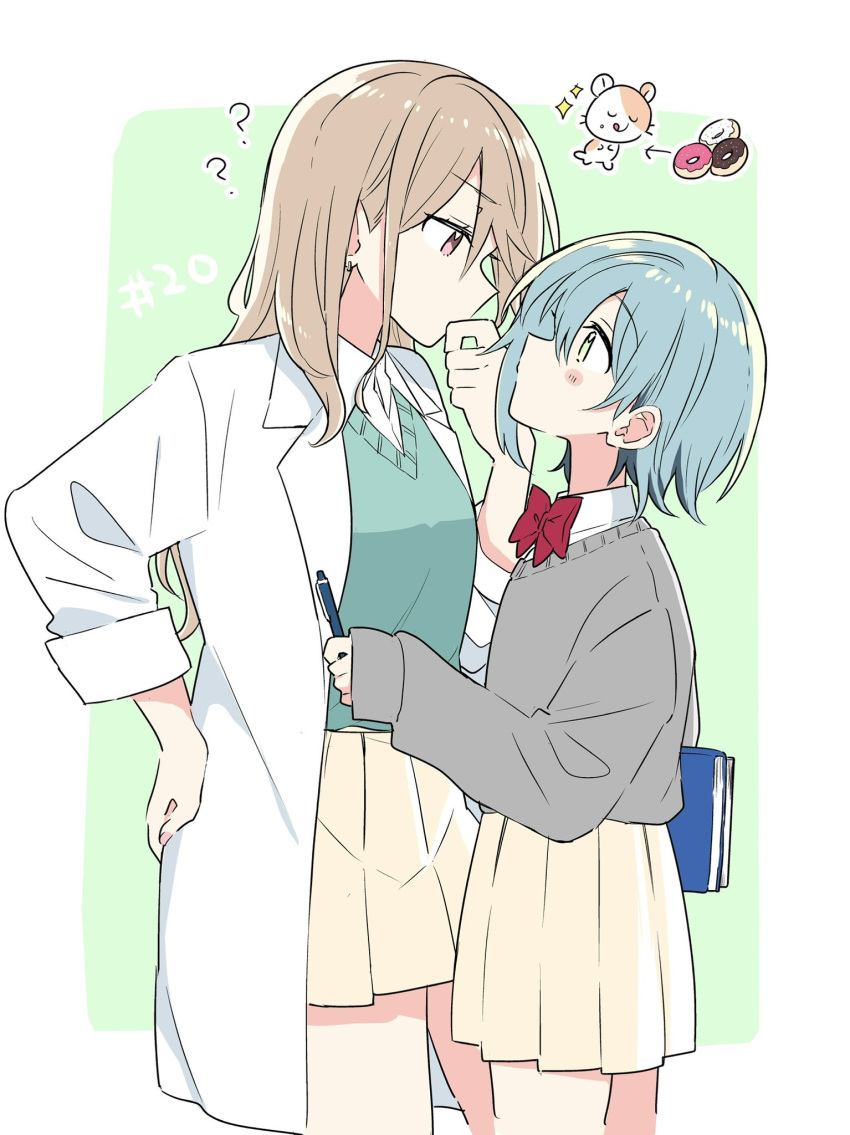 2girls ? blue_hair book border bow bowtie brown_hair coat collared_shirt doughnut doushitara_osananajimi_no_kanojo_ni_naremasu_ka earrings eye_contact food green_sweater grey_sweater hand_to_own_mouth highres holding holding_book holding_pen ikoma_minami jewelry looking_at_another makita_yuzu multiple_girls open_clothes open_coat outside_border pen pleated_skirt red_bow red_bowtie red_eyes shirt short_hair skirt sleeves_past_elbows sleeves_past_wrists sparkle spoken_question_mark sweater white_border white_coat white_shirt yasaka_shuu yellow_eyes yellow_skirt