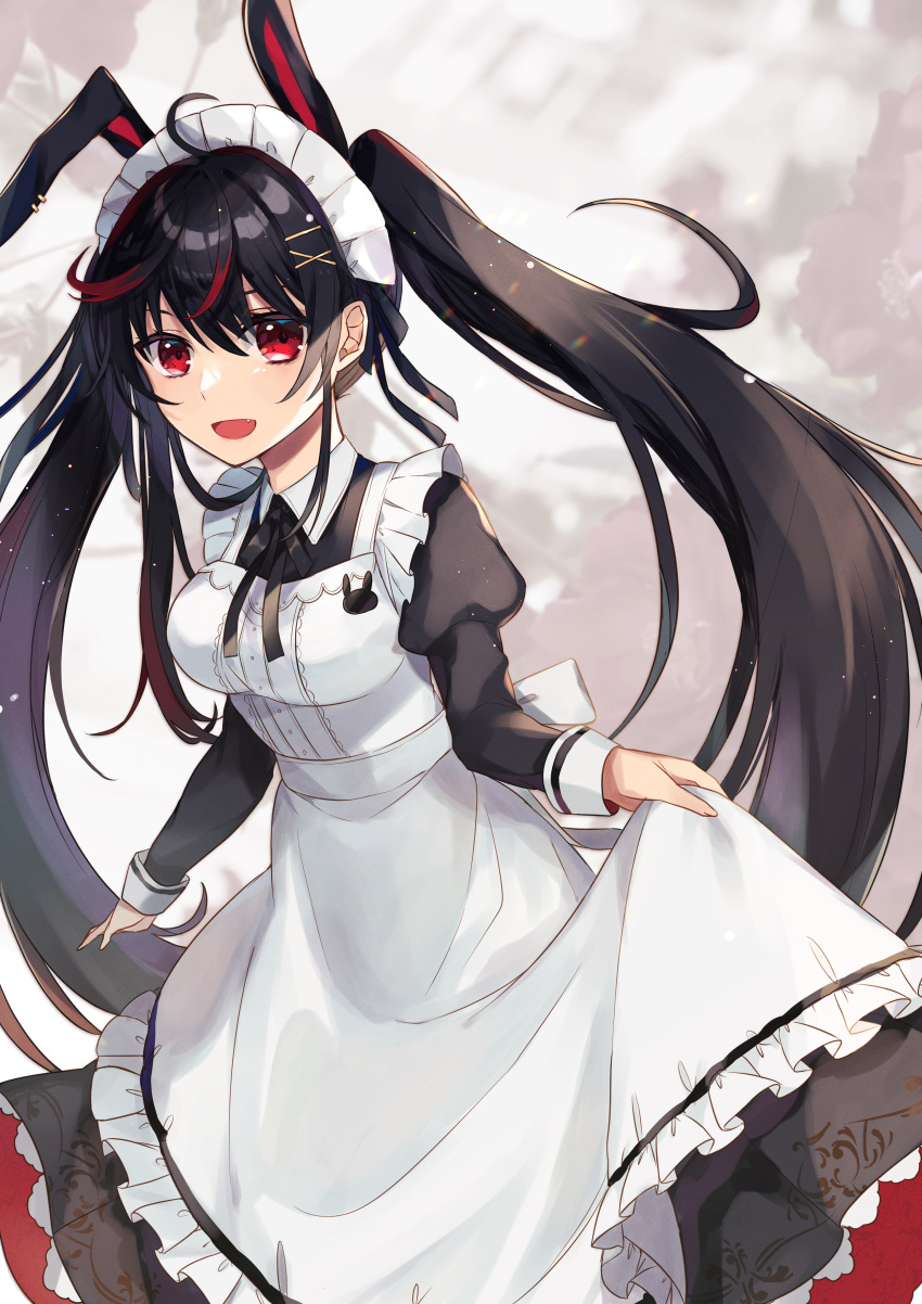 1girl absurdres animal_ears apron black_hair collared_dress dress hair_ornament hairclip highres ichimishiyu juliet_sleeves long_hair long_sleeves looking_at_viewer maid maid_headdress multicolored_hair neck_ribbon open_mouth original puffy_sleeves rabbit_ears rabbit_girl red_eyes redhead ribbon skirt_hold smile solo twintails very_long_hair x_hair_ornament