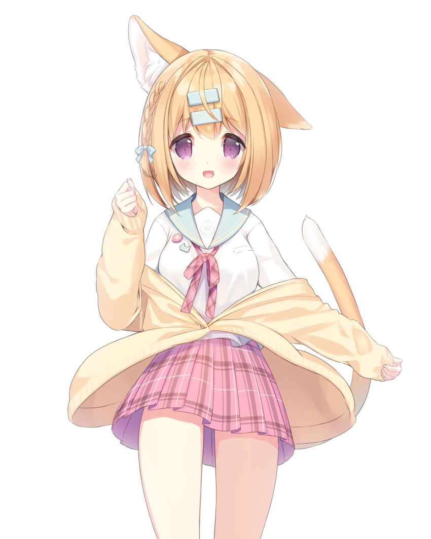 1girl :d animal_ears blonde_hair blue_bow blue_sailor_collar blush bow braid breasts cat_day cat_ears cat_girl cat_tail clenched_hand commentary_request hair_between_eyes hair_bow hair_ornament hairclip hand_up highres iku_kurumi jacket long_sleeves looking_at_viewer medium_breasts mofu-mofu_after_school mofumofu_channel mofumofu_time! off_shoulder open_clothes open_jacket p19 pinching_sleeves pink_skirt plaid plaid_skirt pleated_skirt puffy_long_sleeves puffy_sleeves sailor_collar school_uniform serafuku shirt simple_background single_braid skirt sleeves_past_wrists smile solo tail violet_eyes white_background white_shirt yellow_jacket