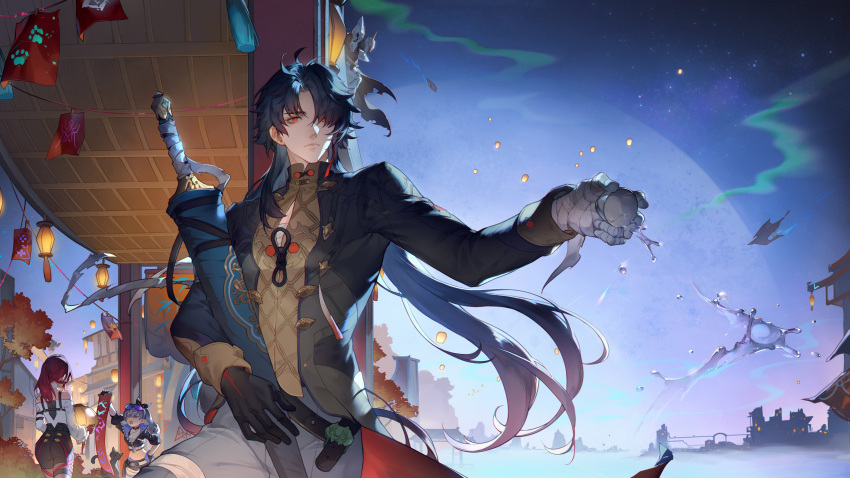 1boy 2girls absurdres architecture arm_up black_jacket black_shorts blade_(honkai:_star_rail) blue_hair blue_jacket blue_sky chinese_commentary commentary_request cowboy_shot cropped_jacket drill_hair east_asian_architecture facing_away fog frown gradient_hair grey_hair hair_over_one_eye hand_on_own_hip high-waist_shorts highres holding holding_sword holding_weapon honkai:_star_rail honkai_(series) jacket kafka_(honkai:_star_rail) lantern long_hair multicolored_hair multiple_girls outdoors outstretched_hand paw_print ponytail purple_hair red_eyes redhead shirt shorts silver_wolf_(honkai:_star_rail) sky spacecraft spade-m sword weapon white_shirt yellow_shirt
