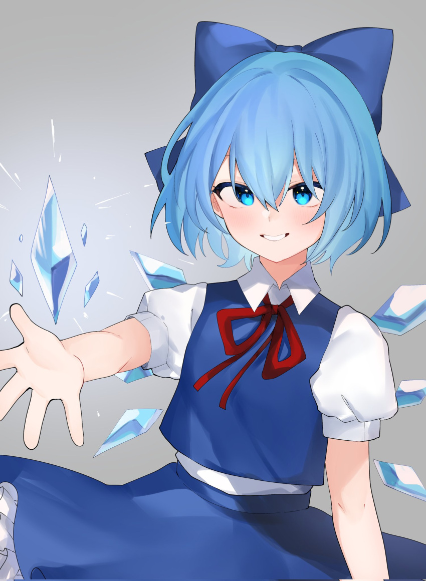 1girl blue_bow blue_eyes blue_hair blue_skirt blue_vest bow cirno collared_shirt cryokinesis glowing grey_background grin hair_between_eyes hair_bow highres ice ice_wings looking_at_viewer magic majime_joe neck_ribbon open_hand puffy_short_sleeves puffy_sleeves red_ribbon ribbon shirt short_hair short_sleeves simple_background skirt smile solo touhou upper_body vest white_shirt wings
