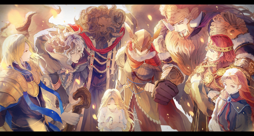 amputee armor blonde_hair brother_and_sister brothers cape covered_eyes dress elden_ring godwyn_the_golden gold_armor helmet highres hitsuki0925 horns lunar_princess_ranni malenia_blade_of_miquella mechanical_arms mohg_lord_of_blood morgott_the_omen_king praetor_rykard prosthesis prosthetic_arm siblings single_mechanical_arm starscourge_radahn