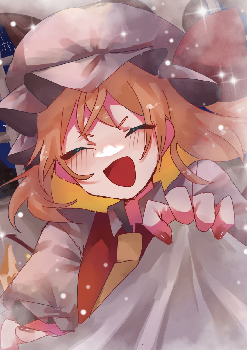 1girl absurdres ascot blonde_hair blush closed_eyes flandre_scarlet hat highres medium_hair mob_cap open_mouth puffy_short_sleeves puffy_sleeves red_nails rokka937 sheet_grab short_sleeves side_ponytail solo touhou upper_body user_pxaw4585 yellow_ascot