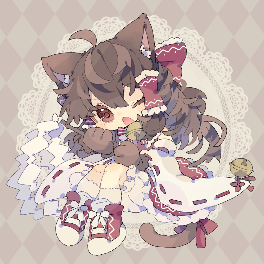 1girl ahoge animal_ears animal_hands bell bloomers bow brown_hair cat_ears cat_girl cat_paws cat_tail chibi commentary_request detached_sleeves frilled_hair_tubes frills full_body hair_bow hair_tubes hakurei_reimu highres kemonomimi_mode long_hair looking_at_viewer neck_bell nikorashi-ka one_eye_closed open_mouth red_bow red_eyes red_footwear red_vest ribbon-trimmed_sleeves ribbon_trim shide shoes sneakers socks solo tail touhou vest white_bloomers white_sleeves white_socks wide_sleeves