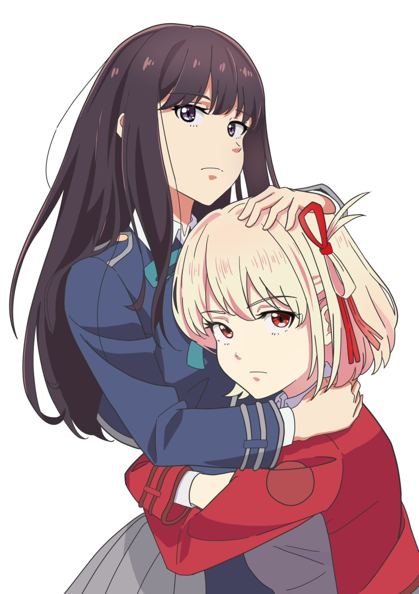 2girls black_hair blonde_hair blue_ribbon closed_mouth collared_shirt commentary dress grey_dress hair_ribbon hand_on_another's_head highres hug inoue_takina long_hair long_sleeves lycoris_recoil lycoris_uniform multiple_girls neck_ribbon nishikigi_chisato one_side_up pleated_dress red_dress red_eyes red_ribbon ribbon shirt short_hair sidelocks simple_background upper_body violet_eyes white_background white_shirt yu_(yu12040309a) yuri