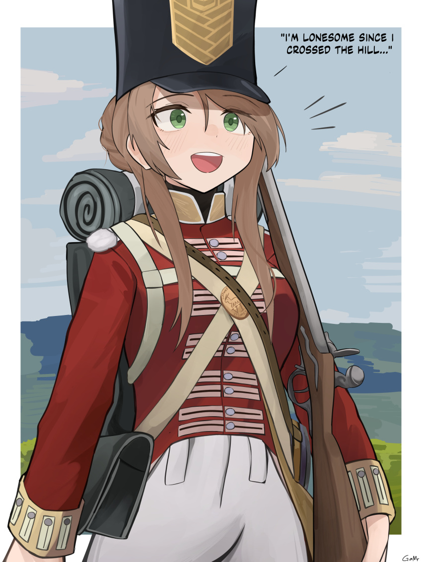 1girl absurdres ammunition_pouch artist_name backpack bag black_headwear blue_sky blush bolt_action border brown_hair clear_sky clouds cloudy_sky coat collared_coat commentary cowboy_shot criss-cross_straps day england english_commentary english_text gamryous girls_frontline green_eyes gun hair_between_eyes hair_knot hair_over_shoulder hat highres hill holding holding_gun holding_weapon lee-enfield lee-enfield_(girls'_frontline) long_hair military_uniform open_mouth outdoors outside_border pants pouch red_coat rifle shako_cap shoulder_pouch sidelocks signature sky sleeping_bag smile solo strap teeth text_background uniform united_kingdom upper_teeth_only weapon white_border white_pants