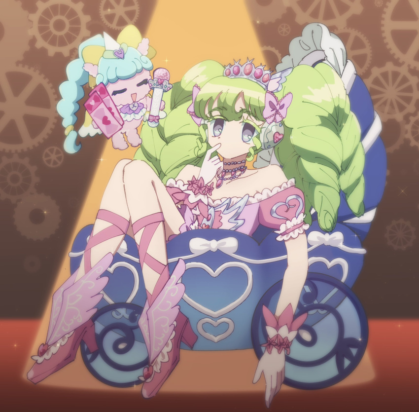 1girl bare_shoulders bow chizu_(sleep_saturday) colored_eyelashes commentary_request dress falulu full_body gears gloves green_hair grey_eyes hair_bow hand_up headphones high_heels highres holding holding_microphone jewelry long_hair looking_at_viewer microphone necklace pink_bow pink_dress pink_footwear pink_gloves pretty_series pripara priticket puffy_short_sleeves puffy_sleeves shoes short_sleeves sidelocks sitting solo spotlight stroller tiara twintails unicorn_(pripara)
