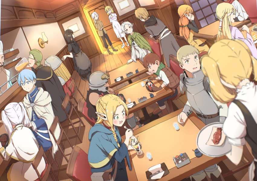 6+boys 6+girls alcohol armor beard black_hair blonde_hair blue_eyes blue_hair blush brown_hair chair character_request chef chef_hat chilchuck_tims closed_mouth commentary_request copyright_request crossover drinking dungeon_meshi dwarf eating eisen_(sousou_no_frieren) elf facial_hair fake_horns food frieren green_eyes green_hair halfling hat heiter helmet highres himmel_(sousou_no_frieren) horned_helmet horns indoors isekai_ojisan kaai_yuu laios_thorden marcille_donato multiple_boys multiple_crossover multiple_girls mushoku_tensei on_chair open_mouth orange_hair parfait pointy_ears restaurant rudeus_greyrat senshi_(dungeon_meshi) shibazaki_yousuke sitting smile sousou_no_frieren squid standing steak sui_(isekai_ojisan) sylphiette_(mushoku_tensei) table white_hair wooden_floor