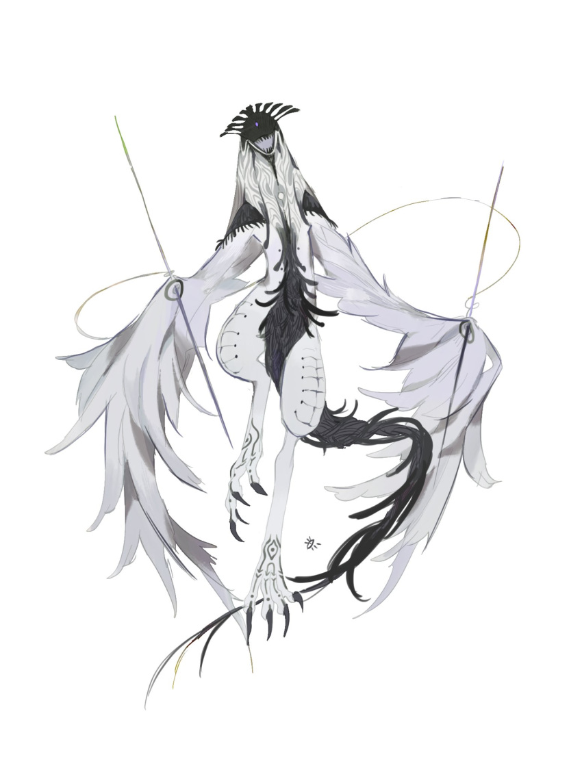 animal black_feathers black_tail claws creature feathers highres kamikiririp no_humans open_mouth original solo straight-on white_background white_feathers winged_arms wings