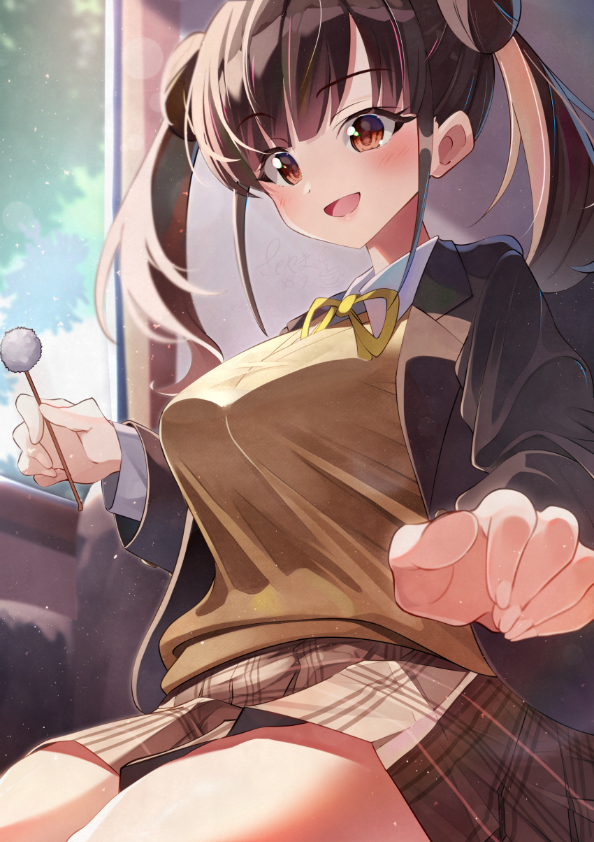 1girl :d absurdres black_jacket blush breasts brown_cardigan brown_eyes brown_hair brown_skirt cardigan collared_shirt commentary_request day double_bun hair_bun highres holding idolmaster idolmaster_shiny_colors indoors jacket large_breasts long_sleeves mimikaki open_mouth pleated_skirt satoyama_meu shirt sidelocks sitting skirt smile solo sonoda_chiyoko thighs twintails white_shirt window