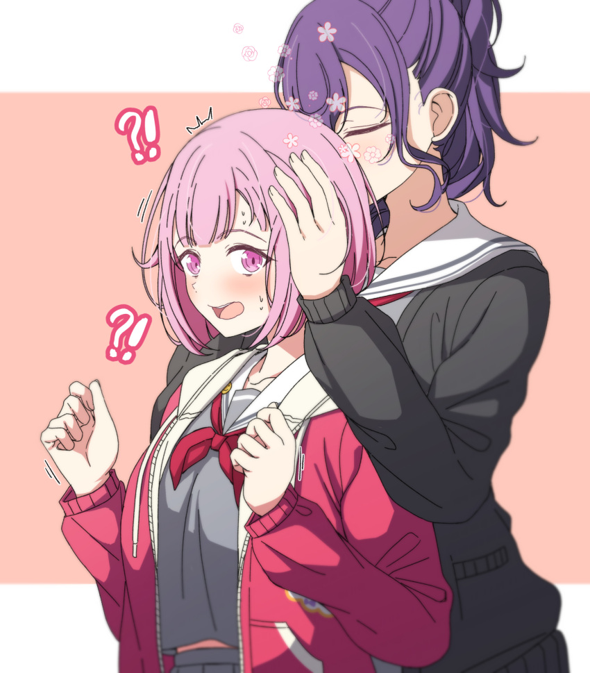 !? 2girls ^^^ arimon_(dfrgty12) asahina_mafuyu behind_another black_card blurry blush breasts cardigan closed_mouth collarbone commentary_request depth_of_field drawstring flower_(symbol) grey_shirt grey_skirt hand_on_another's_head hand_up hands_up height_difference high_ponytail highres letterboxed long_hair long_sleeves looking_at_viewer medium_breasts midriff_peek miyamasuzaka_girls'_academy_school_uniform motion_lines multiple_girls neckerchief ootori_emu open_cardigan open_clothes open_mouth orange_background outside_border pink_eyes pink_hair pocket ponytail project_sekai purple_hair red_cardigan red_neckerchief sailor_collar school_uniform serafuku shirt short_hair simple_background skirt smelling_hair standing sweat teeth upper_body upper_teeth_only white_sailor_collar yuri