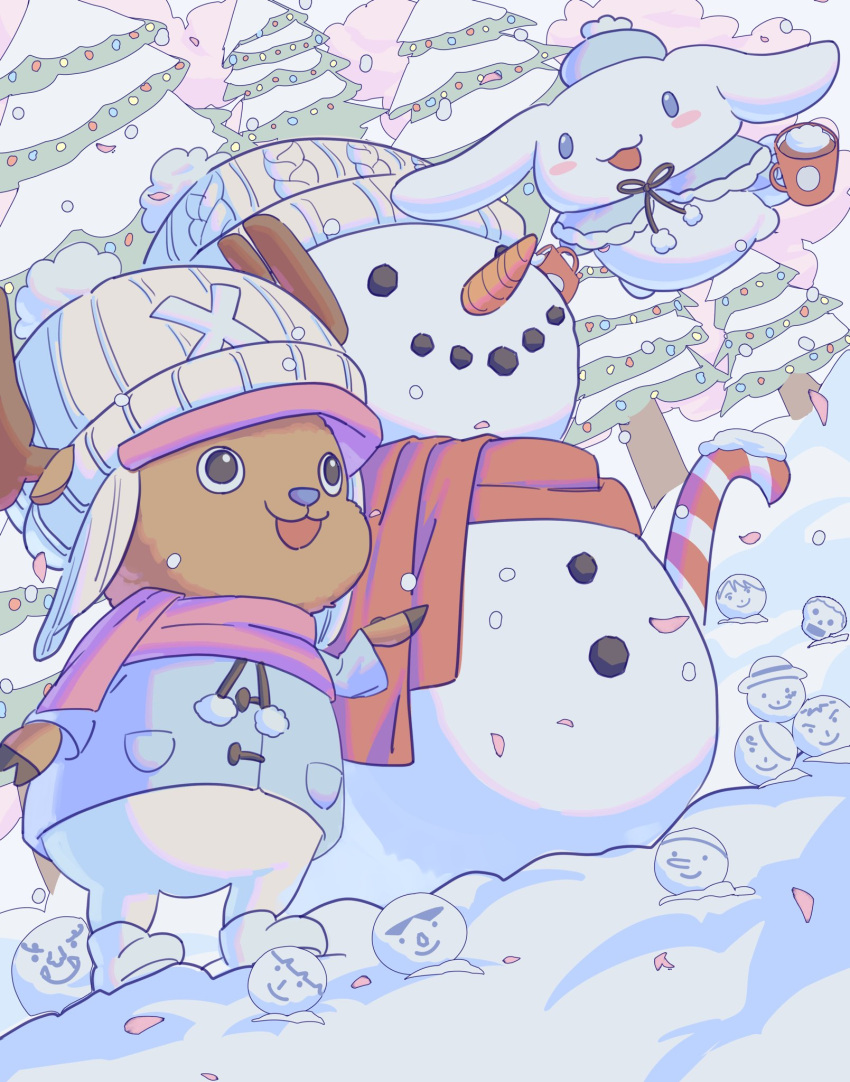 1boy antlers candy candy_cane carrot cinnamoroll commentary english_commentary food hat highres horns looking_up one_piece petals pink_scarf red_scarf reindeer_antlers salmonfordinner sanrio scarf snow snowman tony_tony_chopper