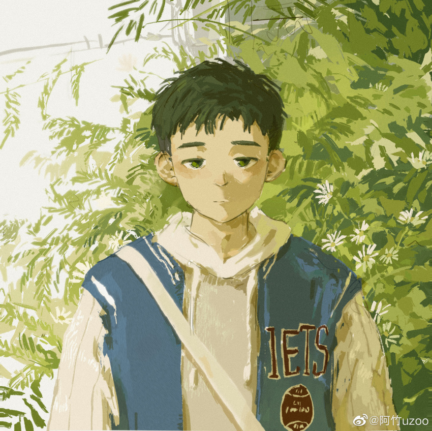 1boy absurdres azhuzoo baseball_jersey black_eyes black_hair blue_vest bush chinese_commentary day drawstring expressionless flower highres hood hood_down hoodie jitome looking_at_viewer male_focus original outdoors painterly plant short_hair solo standing straight-on strap upper_body vest weibo_logo weibo_username white_flower white_hoodie