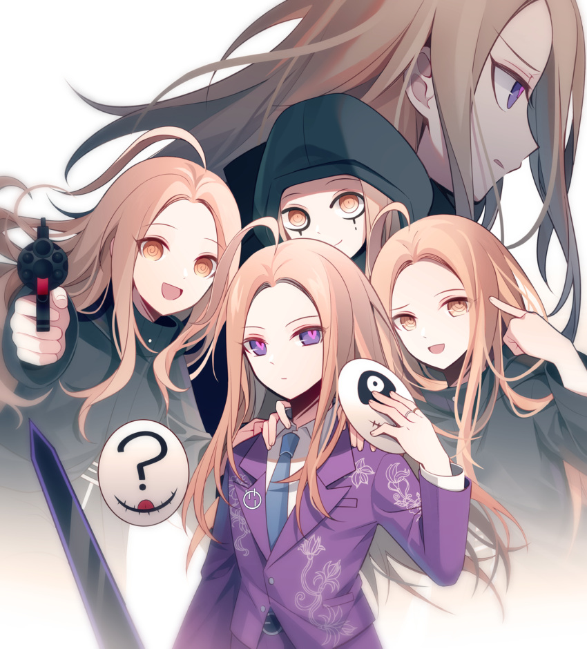 5boys :d ? ahoge aiming aiming_at_viewer black_coat black_eyeliner blonde_hair blue_necktie brown_eyes closed_mouth coat collared_shirt covered_face cropped_torso empty_eyes eyeliner furrowed_brow gun hand_up highres holding holding_gun holding_mask holding_weapon hood hood_up jacket jewelry long_hair long_sleeves looking_at_viewer makeup makoto_kagutsuchi male_focus mask master_detective_archives:_rain_code multiple_boys multiple_persona necktie open_mouth pants pointing pointing_at_self pointing_at_viewer pointing_gun profile purple_jacket purple_pants qiao_xing ring shirt smile spoilers sword unworn_mask upper_body violet_eyes weapon white_shirt