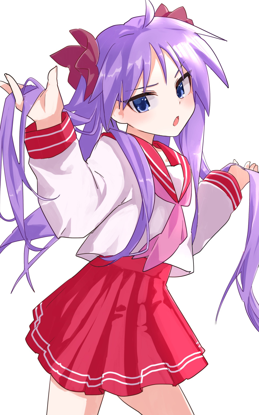 1girl absurdres blue_eyes bow hair_bow highres hiiragi_kagami long_hair long_sleeves looking_at_viewer lucky_star omochimochii_(nagata) open_mouth purple_hair red_skirt ryouou_school_uniform school_uniform shirt skirt solo twintails very_long_hair white_background white_shirt
