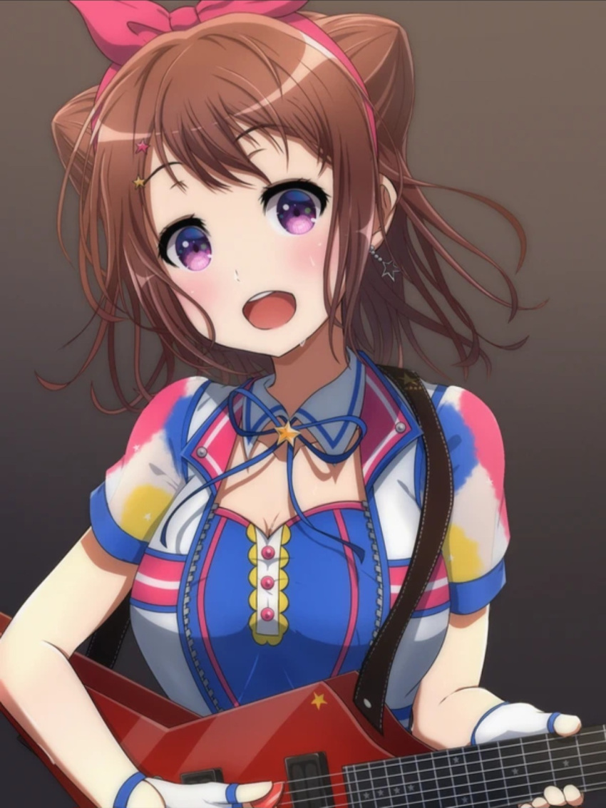 1girl bang_dream! bow earrings guitar holding_instrument looking_at_viewer noshimurin open_mouth solo star_hair_ornament sweat toyama_kasumi