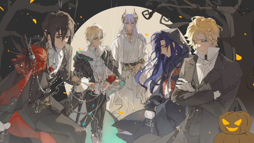 5boys :/ :| ;) absurdres alkaid_mcgrath ascot ayn_alwyn bare_tree black_cape black_coat black_gloves black_hair black_jacket black_pants black_robe black_sash black_vest blonde_hair blue_eyes blue_hair bow bowtie cael_anselm cane cape chain circlet clarence_clayden closed_mouth coat collared_shirt commentary cowboy_shot cross-laced_clothes crossed_arms crossed_legs curtained_hair dark_blue_hair earrings expressionless falling_petals feathers feet_out_of_frame flower frilled_sleeves frills full_moon gloves hair_between_eyes hair_ornament highres holding holding_cane holding_flower hood hood_up hooded_robe hryc2344 jack-o'-lantern jacket jewelry lapels lars_rorschach light_particles long_bangs long_hair long_sleeves looking_at_viewer lovebrush_chronicles male_focus medium_hair mole mole_under_eye monocle moon multiple_boys necklace notched_lapels one_eye_closed pants parted_bangs parted_lips petals pointy_ears popped_collar puppet_strings red_cape red_eyes red_flower red_rose robe rose sash shirt short_hair side_cape single_earring sitting smile standing symbol-only_commentary tassel tassel_earrings tree two-sided_cape two-sided_fabric vest violet_eyes white_ascot white_bow white_bowtie white_gloves white_hair white_robe white_shirt wide_sleeves