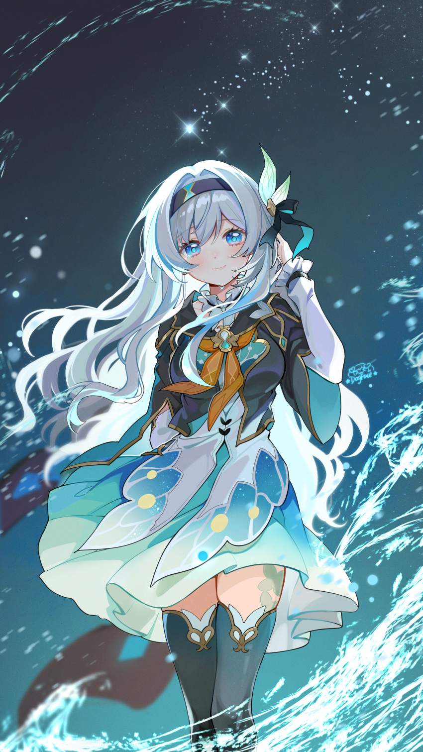 1girl absurdres aqua_jacket aqua_skirt artist_name black_hairband black_jacket black_thighhighs blue_eyes closed_mouth commentary_request cropped_jacket feet_out_of_frame firefly_(honkai:_star_rail) frilled_sleeves frills gou_lianlian_dogface grey_hair hair_intakes hairband hand_up highres honkai:_star_rail honkai_(series) jacket long_hair looking_at_viewer neckerchief orange_neckerchief shirt signature skindentation skirt smile solo sparkle teardrop tearing_up thigh-highs two-sided_fabric two-sided_jacket very_long_hair water white_shirt wide_sleeves