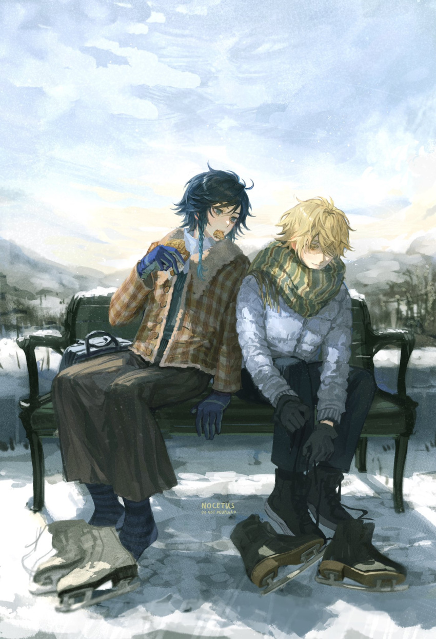 2boys aether_(genshin_impact) alternate_costume alternate_hair_length alternate_hairstyle artist_name bag bench black_bag black_footwear black_gloves black_hair black_pants black_vest blonde_hair blue_eyes blue_gloves blue_hair blue_sky blue_socks blue_sweater boots braid brown_eyes brown_jacket buttons closed_mouth clouds cloudy_sky coat day english_commentary food food_in_mouth fur-trimmed_jacket fur_trim genshin_impact gloves gradient_hair green_scarf grey_coat grey_pants hair_between_eyes hand_up highres holding holding_food ice_skates jacket long_sleeves looking_at_another male_focus mountain multicolored_hair multiple_boys no_headwear nocetus open_clothes open_jacket outdoors pants plaid plaid_jacket puffy_long_sleeves puffy_sleeves scarf shadow shoelaces short_hair sitting skates sky smile snow socks striped_clothes striped_scarf striped_socks sweater teeth tree turtleneck turtleneck_sweater twin_braids two-tone_gloves venti_(genshin_impact) vest white_footwear winter