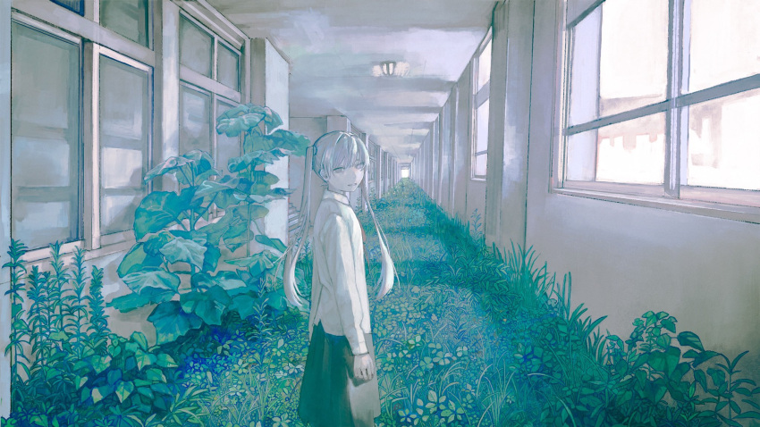 1girl arms_at_sides black_skirt byakugun collared_shirt colored_skin day feet_out_of_frame flat_chest from_side grin hallway highres indoors limited_palette long_hair looking_at_viewer neck_ribbon original overgrown plant red_ribbon ribbon scenery school shirt skirt smile solo standing turning_head twintails vanishing_point white_eyes white_hair white_shirt white_skin window