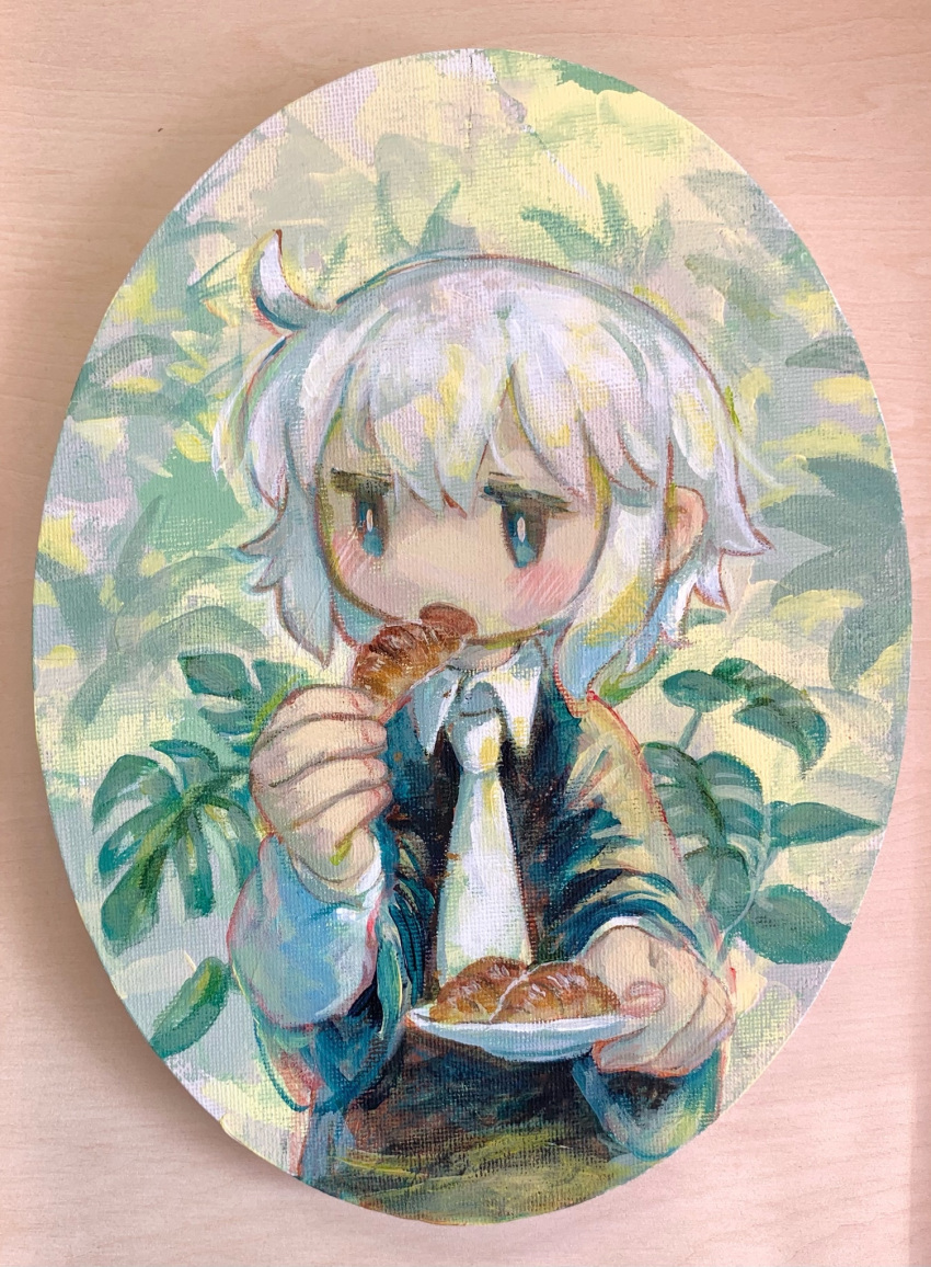 1girl blush bright_pupils cowlick croissant eating food grey_hair hands_up highres holding holding_food holding_plate kezuru long_sleeves medium_hair necktie no_sclera open_mouth original painting_(medium) plant plate solo traditional_media upper_body white_necktie white_pupils