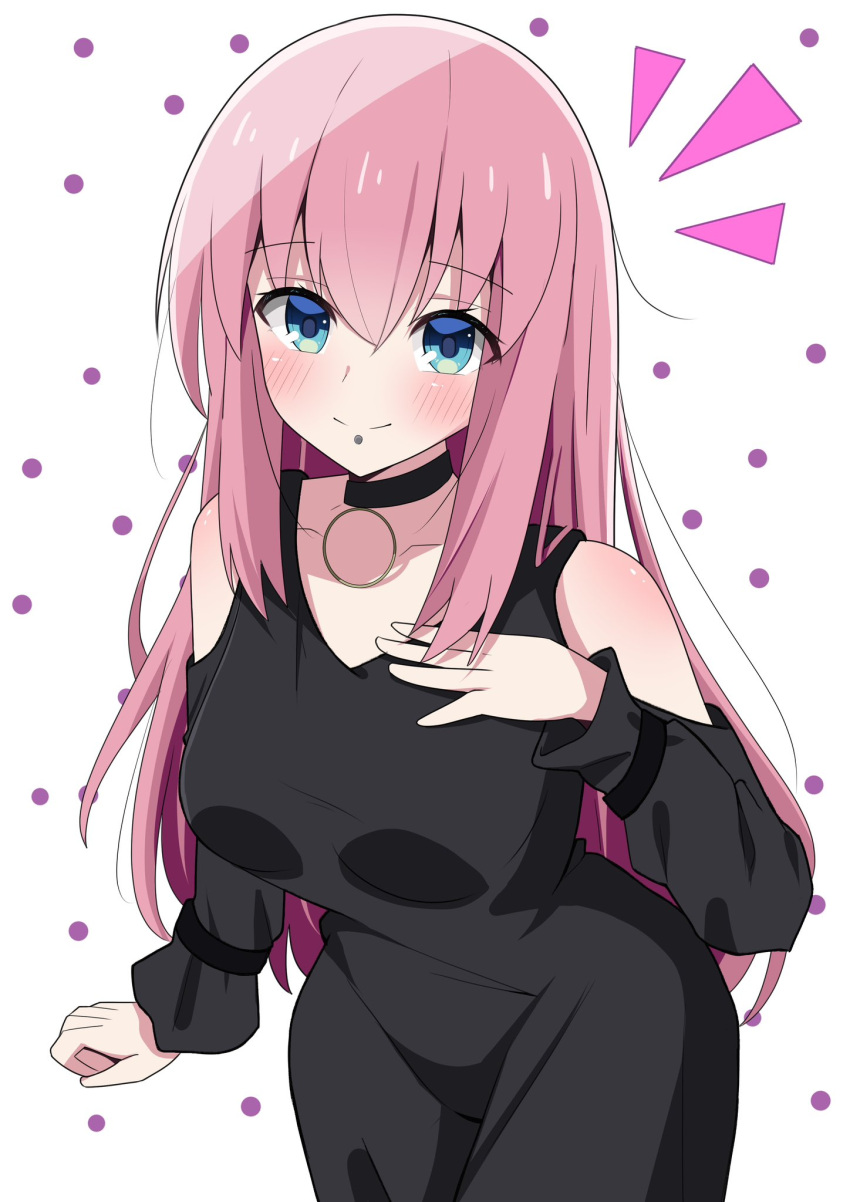 1girl black_choker black_dress blue_eyes bocchi_the_rock! breasts choker closed_mouth clothing_cutout collarbone cosplay dress gotoh_hitori hair_between_eyes highres hosinonana large_breasts long_hair long_sleeves pa-san pa-san_(cosplay) pink_hair shade shoulder_cutout sidelocks solo white_background