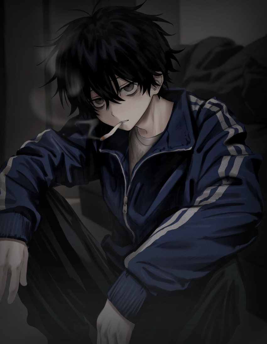 1boy absurdres bags_under_eyes black_hair black_pants blue_jacket cigarette grey_eyes hair_between_eyes highres imai_akira jacket long_sleeves looking_at_viewer male_focus mouth_hold original pants shirt sitting smoke smoking solo track_jacket zipper