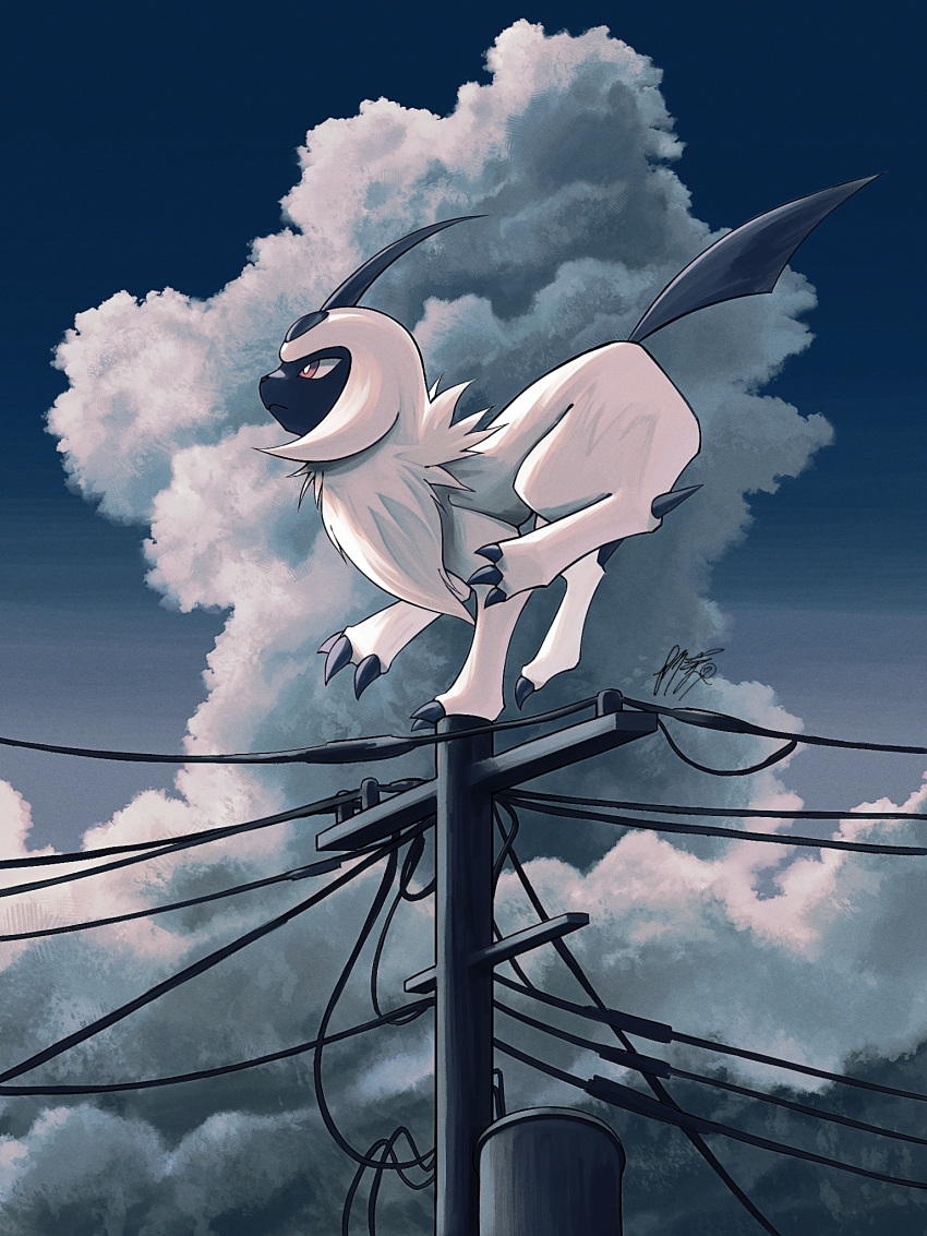 absol bright_pupils claws closed_mouth clouds commentary_request day from_side highres kuchiba_(jret2454) no_humans outdoors pokemon pokemon_(creature) power_lines signature sky solo utility_pole white_fur white_pupils