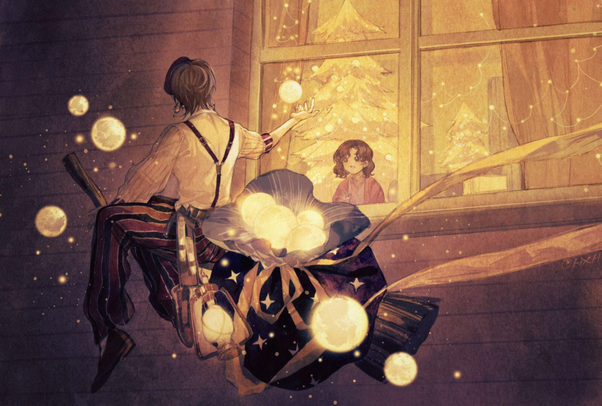 1boy 1girl black_hair broom broom_riding brown_hair chinese_commentary christmas christmas_lights christmas_tree curtains earrings facing_away flying from_outside giving glowing hand_on_window jewelry lantern light_particles magic mengxiaheqing night open_hand orb original outstretched_arm pants pouch shirt shoes short_hair string_lights striped_clothes striped_pants surprised suspenders vertical-striped_clothes vertical-striped_pants white_shirt window wooden_wall yellow_theme