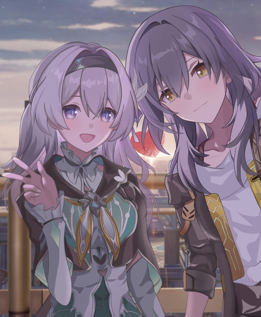 2girls :d black_hairband black_jacket blue_pupils blush closed_mouth collared_shirt cropped_jacket firefly_(honkai:_star_rail) game_screenshot_background grey_hair hair_between_eyes hair_intakes hairband hand_up heart highres holding_hands honkai:_star_rail honkai_(series) jacket long_hair long_sleeves looking_at_viewer multiple_girls neckerchief open_clothes open_jacket open_mouth orange_neckerchief shirt sidelocks smile stelle_(honkai:_star_rail) trailblazer_(honkai:_star_rail) violet_eyes w white_shirt yellow_eyes yuri zd24