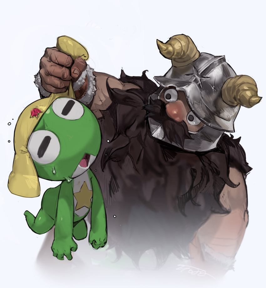 2boys absurdres animal beard beard_over_mouth big_nose black_eyes colored_skin crossover dungeon_meshi dwarf facial_hair fake_horns frog green_skin helmet highres holding holding_animal holding_another's_hair horned_helmet horns keroro keroro_gunsou long_beard looking_at_another male_focus multiple_boys mustache open_mouth senshi_(dungeon_meshi) star_(symbol) thick_mustache tto_ja very_long_beard white_background