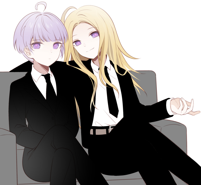 2boys ahoge alternate_costume black_jacket black_necktie black_pants black_suit blonde_hair closed_mouth collared_shirt couch crossed_legs feet_out_of_frame formal highres jacket long_hair long_sleeves looking_at_viewer makoto_kagutsuchi male_focus master_detective_archives:_rain_code multiple_boys necktie on_couch pants purple_hair qiao_xing shirt short_hair simple_background sitting smile spoilers suit violet_eyes white_background white_shirt yuma_kokohead