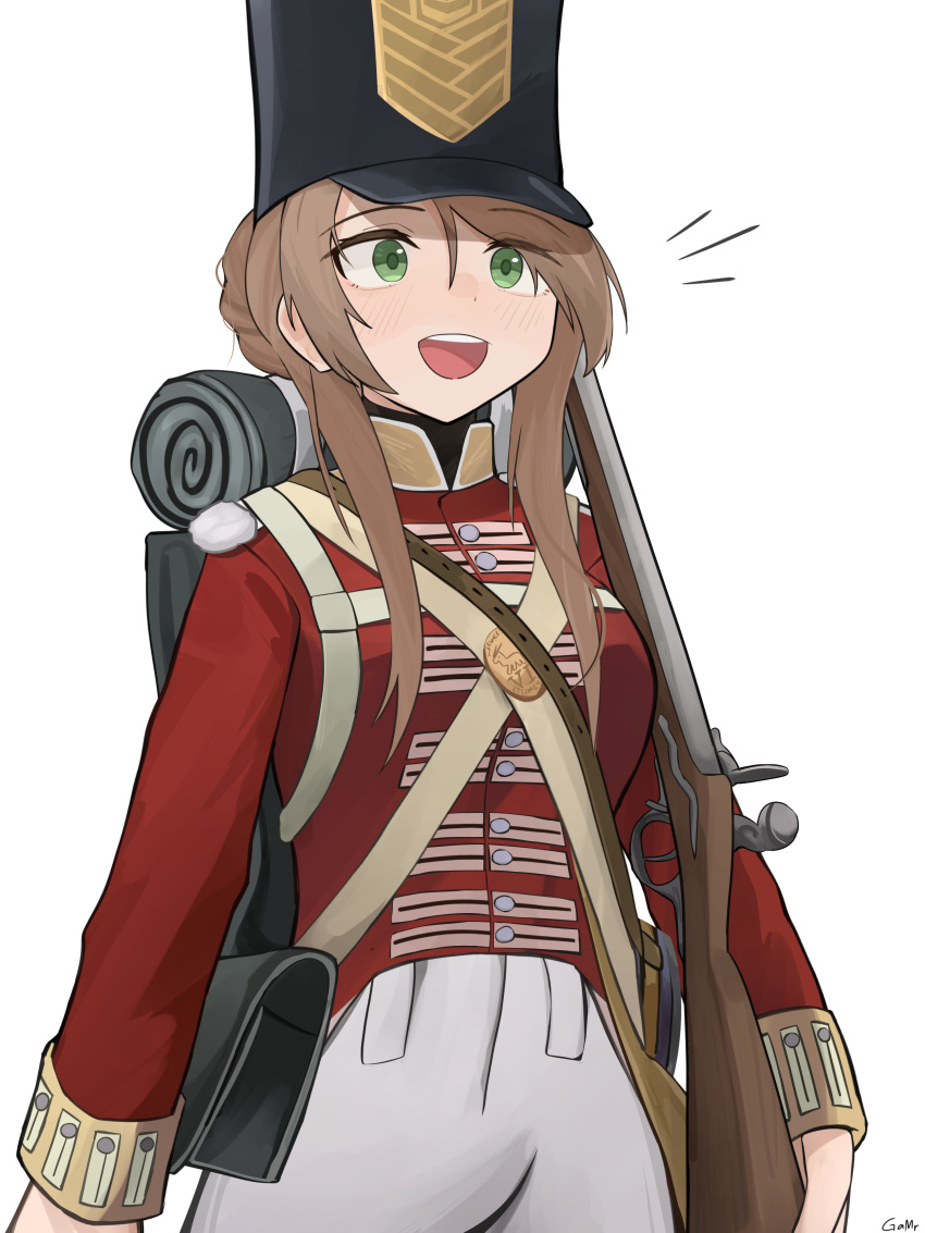 1girl absurdres ammunition_pouch artist_name backpack bag black_headwear blush bolt_action brown_hair coat collared_coat commentary cowboy_shot criss-cross_straps england english_commentary gamryous girls_frontline green_eyes gun hair_between_eyes hair_knot hair_over_shoulder hat highres holding holding_gun holding_weapon lee-enfield lee-enfield_(girls'_frontline) long_hair military_uniform open_mouth pants pouch red_coat rifle shako_cap shoulder_pouch sidelocks signature simple_background sleeping_bag smile solo strap teeth uniform united_kingdom upper_teeth_only weapon white_background white_pants