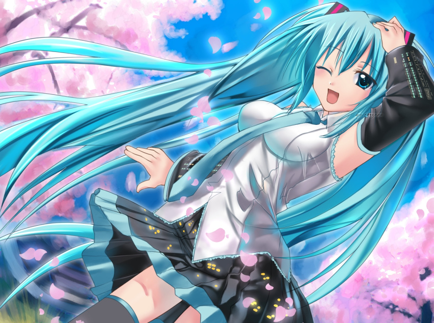 1girl aqua_eyes aqua_hair aqua_necktie black_skirt blue_sky blush breasts cherry_blossoms day detached_sleeves falling_petals hatsune_miku impossible_clothes impossible_shirt long_hair looking_at_viewer medium_breasts miniskirt necktie one_eye_closed open_mouth outdoors petals pleated_skirt roozaku shirt skirt sky smile solo spring_(season) standing thigh-highs tree twintails very_long_hair vocaloid wind zettai_ryouiki