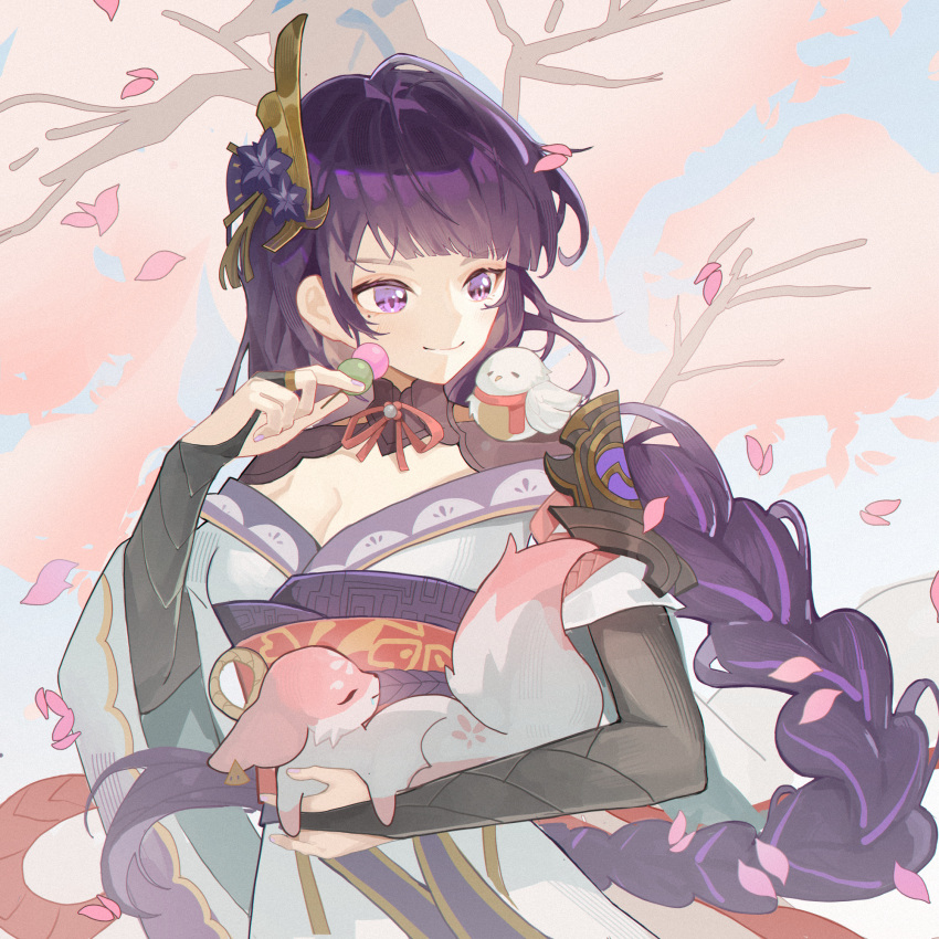 2girls animal_ears animal_on_shoulder bird bird_on_shoulder blue_sky blunt_bangs braid cherry_blossoms dango earrings emet--selch falling_petals food genshin_impact hair_ornament hand_up highres holding japanese_clothes jewelry long_hair looking_at_animal looking_to_the_side mole mole_under_eye multiple_girls petals purple_hair purple_nails raiden_shogun red_scarf scarf single_braid sky smile solo violet_eyes wagashi yae_miko yae_miko_(fox)