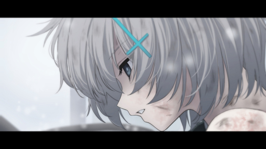1girl aged_down amnesia blue_archive blue_eyes blurry bruise commentary cross_hair_ornament depth_of_field empty_eyes grey_hair hair_between_eyes hair_ornament injury junu_(jwoo5627) outdoors parted_lips profile revision shiroko_(blue_archive) shiroko_(young)_(blue_archive) short_hair sidelocks snowing solo symbol-only_commentary