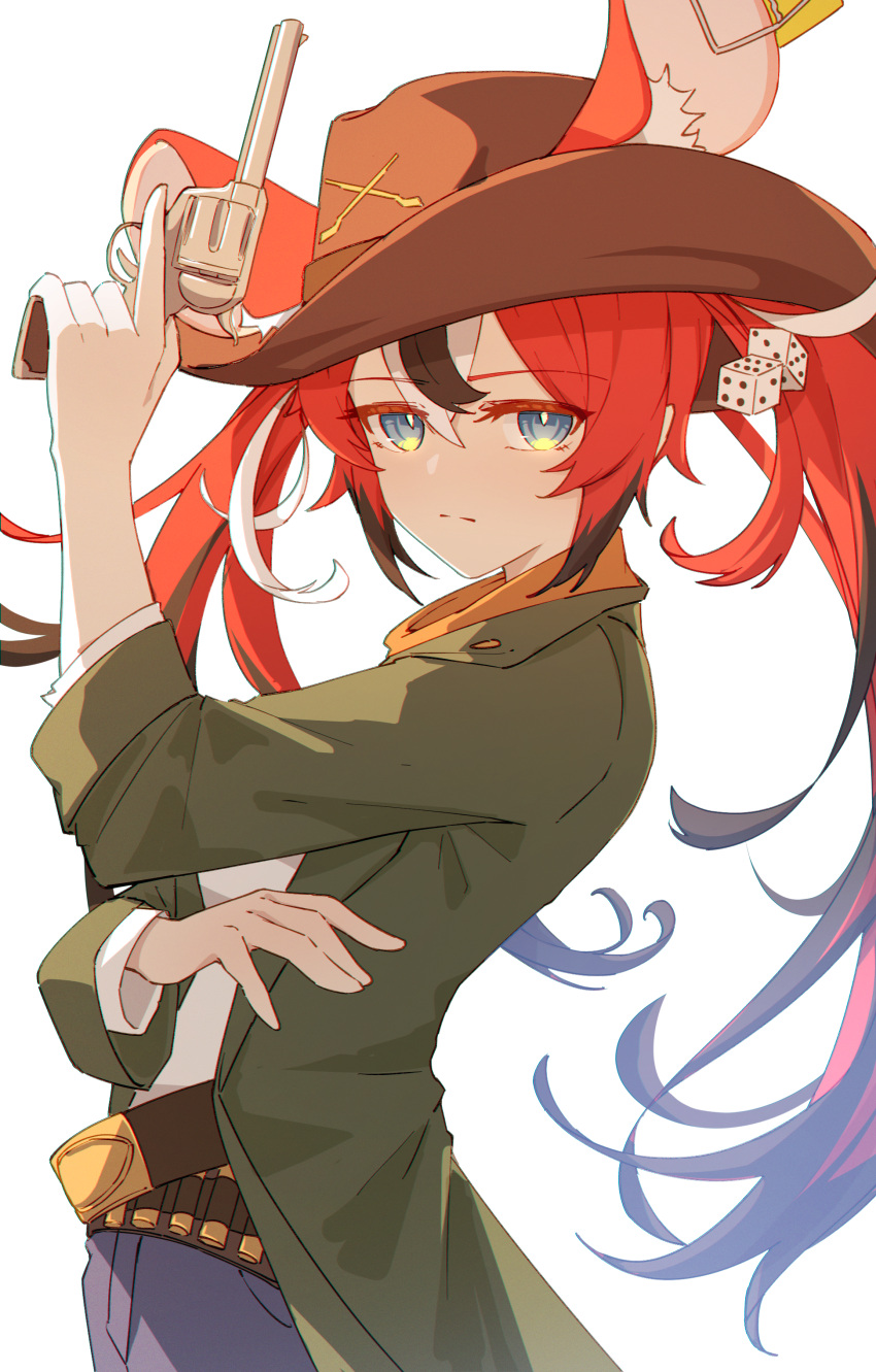 1girl absurdres animal_ears bandolier black_hair blue_eyes commentary cowboy cowboy_hat cowboy_western dice english_commentary gun hair_ornament hakos_baelz hat highres hololive hololive_english jl_tan mouse_ears mouse_girl multicolored_hair redhead revolver streaked_hair virtual_youtuber weapon white_hair