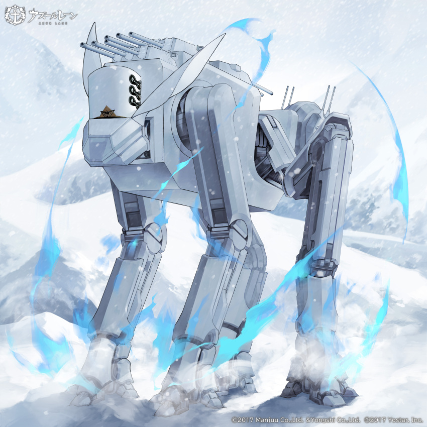 absurdres artist_request azur_lane cannon copyright_name copyright_notice fur_hat hat highres joints mecha no_humans non-humanoid_robot official_art papakha robot robot_joints science_fiction snow snowing turret walker_(robot) walking white_headwear