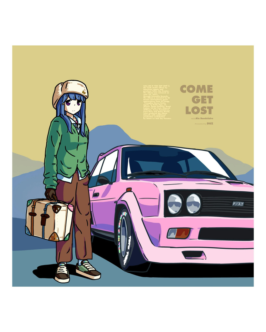 1girl artist_name black_footwear black_gloves blue_hair blue_shirt briefcase brown_headwear brown_pants car character_name cosplay duz english_commentary english_text fiat fiat_131_abarth fur_hat gloves green_jacket hat highres holding holding_briefcase jacket long_hair looking_at_viewer motor_vehicle pants papakha real_life shadow shima_rin shirt shoes smile sneakers solo tyler_the_creator tyler_the_creator_(cosplay) violet_eyes yurucamp