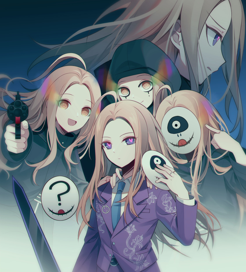 5boys :d ? ahoge aiming aiming_at_viewer black_coat black_eyeliner blonde_hair blue_necktie brown_eyes closed_mouth coat collared_shirt covered_face cropped_torso empty_eyes eye_trail eyeliner furrowed_brow gun hand_up highres holding holding_gun holding_mask holding_weapon hood hood_up jacket jewelry light_trail long_hair long_sleeves looking_at_viewer makeup makoto_kagutsuchi male_focus mask master_detective_archives:_rain_code multiple_boys multiple_persona necktie open_mouth pants pointing pointing_at_self pointing_at_viewer pointing_gun profile purple_jacket purple_pants qiao_xing ring shirt smile spoilers sword unworn_mask upper_body violet_eyes weapon white_shirt