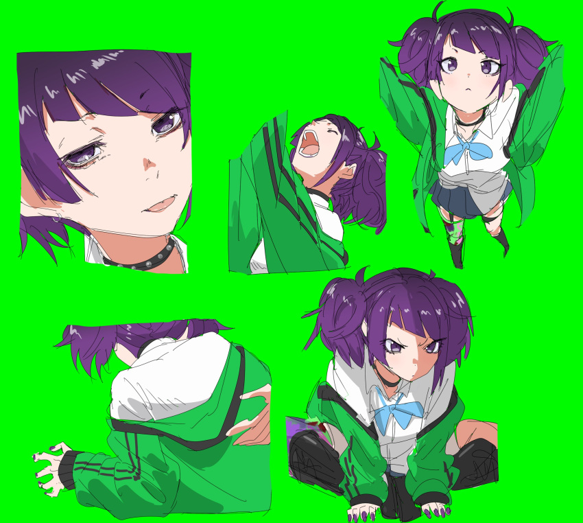 1girl absurdres boots breasts choker closed_eyes diagonal_bangs expression_chart green_background highres idolmaster idolmaster_shiny_colors jacket long_hair looking_at_viewer multiple_views off_shoulder ogasawara open_mouth purple_hair purple_nails school_uniform simple_background tanaka_mamimi tongue tongue_out twintails violet_eyes